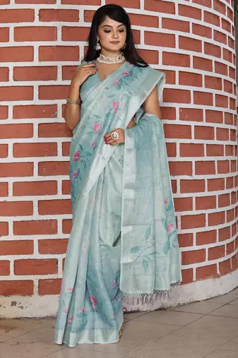 grey multicolor shimmer handloom cotton blend saree floral print
