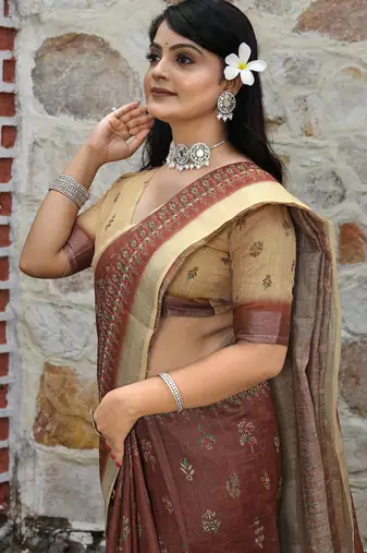 brown beige shimmer handloom cotton blend saree peacock border print