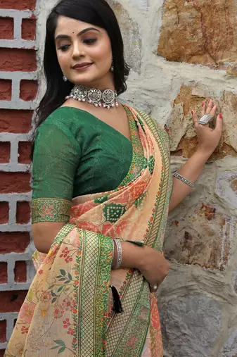 beige shimmer handloom cotton blend saree tonal floral print