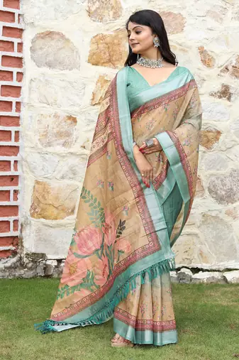 multicolor shimmer handloom cotton blend digital print saree