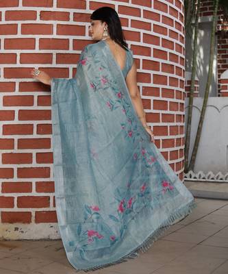 grey multicolor shimmer handloom cotton blend saree floral print (sfhcs316) 3
