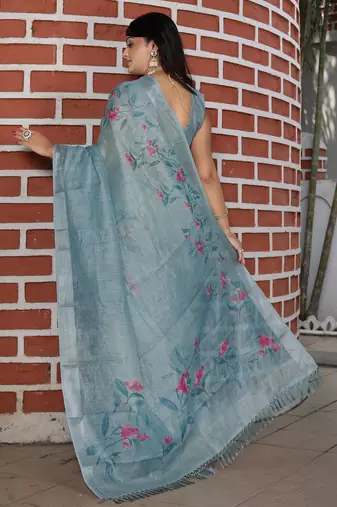 grey multicolor shimmer handloom cotton blend saree floral print