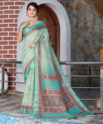 green multicolor shimmer handloom cotton blend saree floral print (sfhcs320) 1