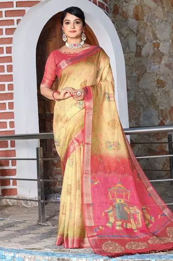 beige multicolor shimmer handloom cotton blend saree with floral print