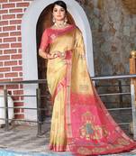 beige multicolor shimmer handloom cotton blend saree with floral print (sfhcs322)
