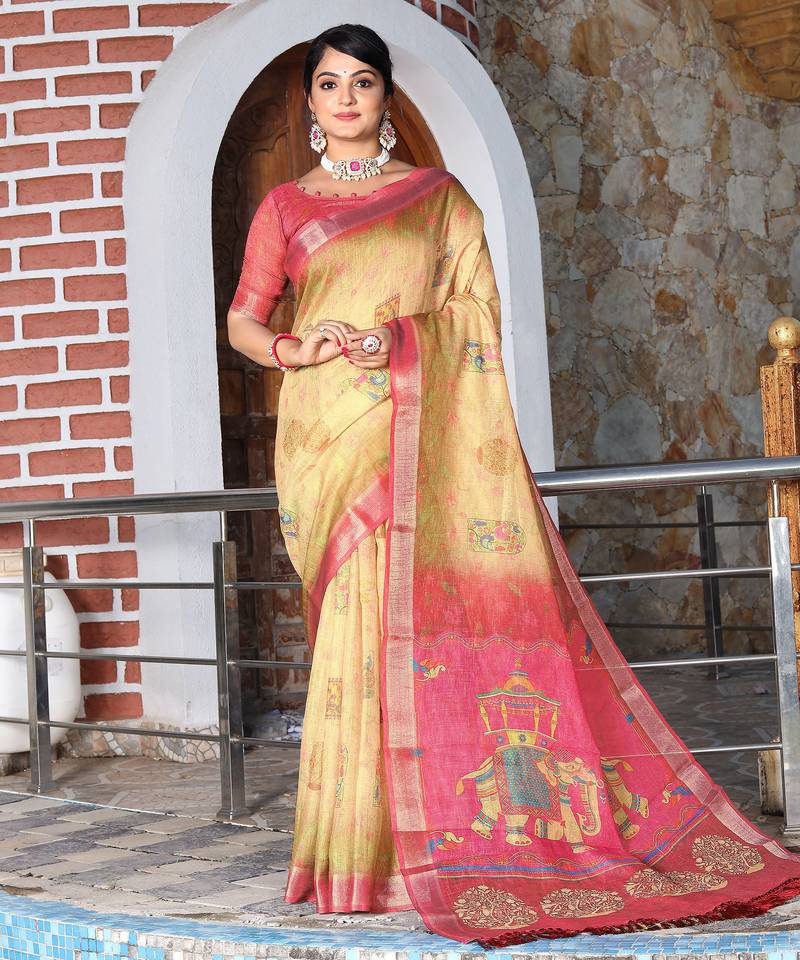 beige multicolor shimmer handloom cotton blend saree with floral print (sfhcs322)