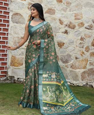 green multicolor shimmer handloom cotton blend saree ethnic border print (sfhcs321) 1