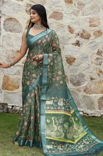 green multicolor shimmer handloom cotton blend saree ethnic border print (sfhcs321)