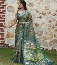 green multicolor shimmer handloom cotton blend saree ethnic border print (sfhcs321)