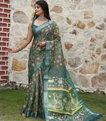 green multicolor shimmer handloom cotton blend saree ethnic border print (sfhcs321)
