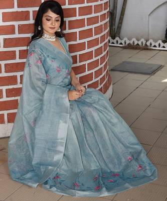 grey multicolor shimmer handloom cotton blend saree floral print (sfhcs316) 4
