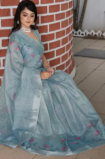 grey multicolor shimmer handloom cotton blend saree floral print
