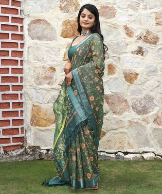 green multicolor shimmer handloom cotton blend saree ethnic border print (sfhcs321) 2