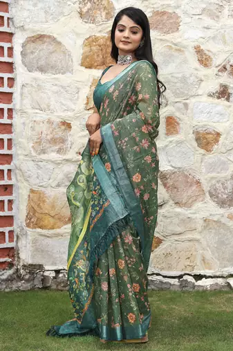 green multicolor shimmer handloom cotton blend saree ethnic border print (sfhcs321)
