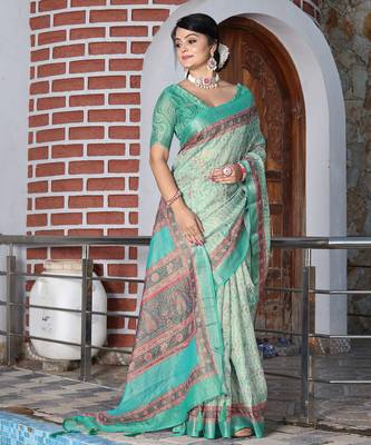 green multicolor shimmer handloom cotton blend saree floral print (sfhcs320) 2