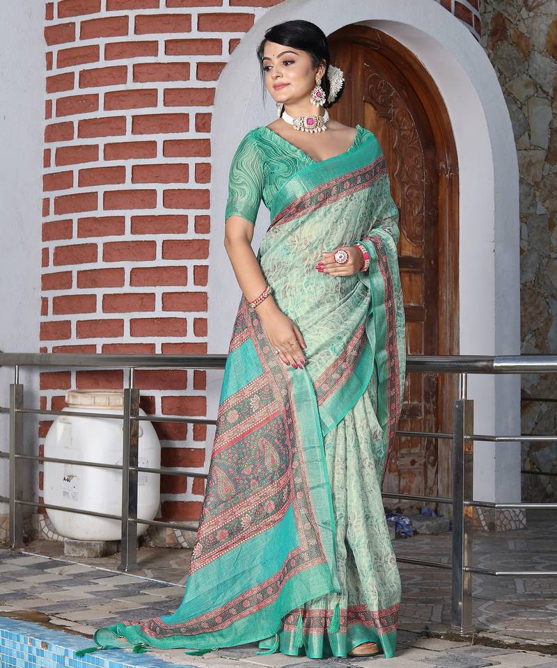 green multicolor shimmer handloom cotton blend saree floral print (sfhcs320)