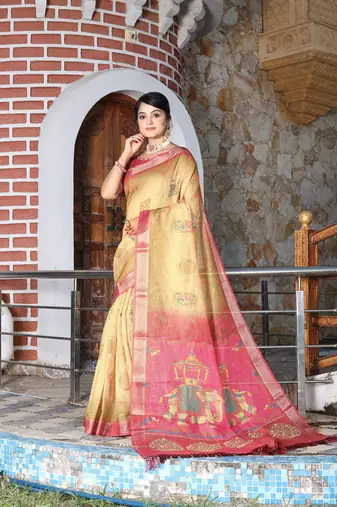 beige multicolor shimmer handloom cotton blend saree with floral print