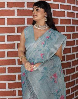 grey multicolor shimmer handloom cotton blend saree floral print (sfhcs316) 5