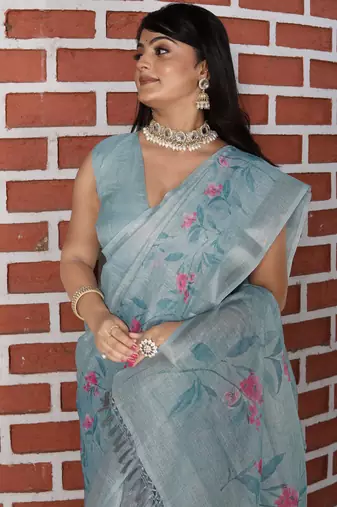 grey multicolor shimmer handloom cotton blend saree floral print