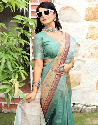 multicolor shimmer handloom cotton blend digital print saree (sfhcs317) 5