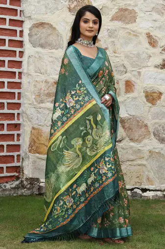 green multicolor shimmer handloom cotton blend saree ethnic border print (sfhcs321)