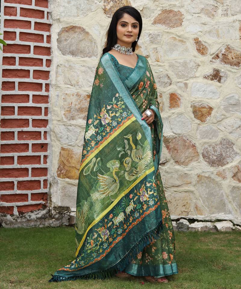 green multicolor shimmer handloom cotton blend saree ethnic border print (sfhcs321)
