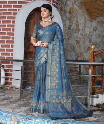 teal shimmer handloom cotton blend saree tonal watercolor print 1