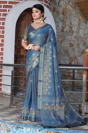 teal shimmer handloom cotton blend saree tonal watercolor print