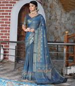 teal shimmer handloom cotton blend saree tonal watercolor print