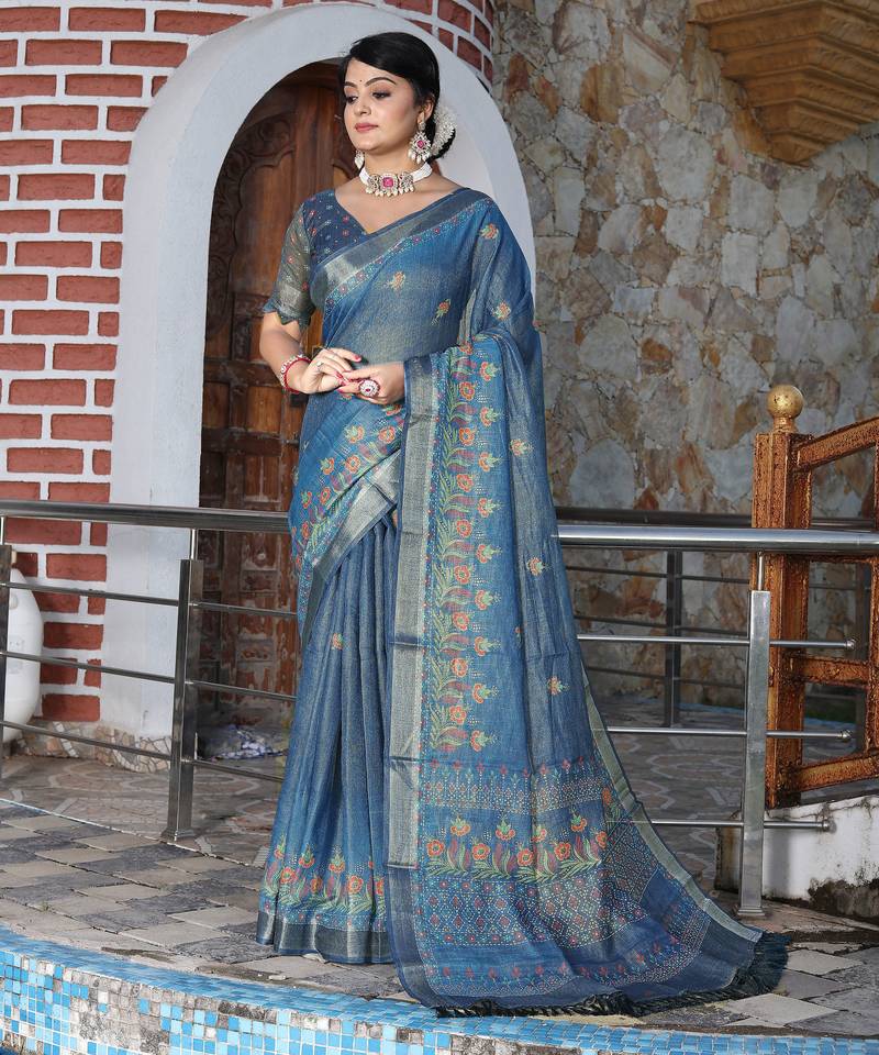 teal shimmer handloom cotton blend saree tonal watercolor print