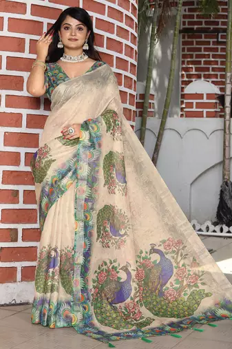 beige green multicolor shimmer handloom cotton blend digital print saree