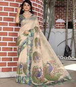 beige green multicolor shimmer handloom cotton blend digital print saree (sfhcs312)