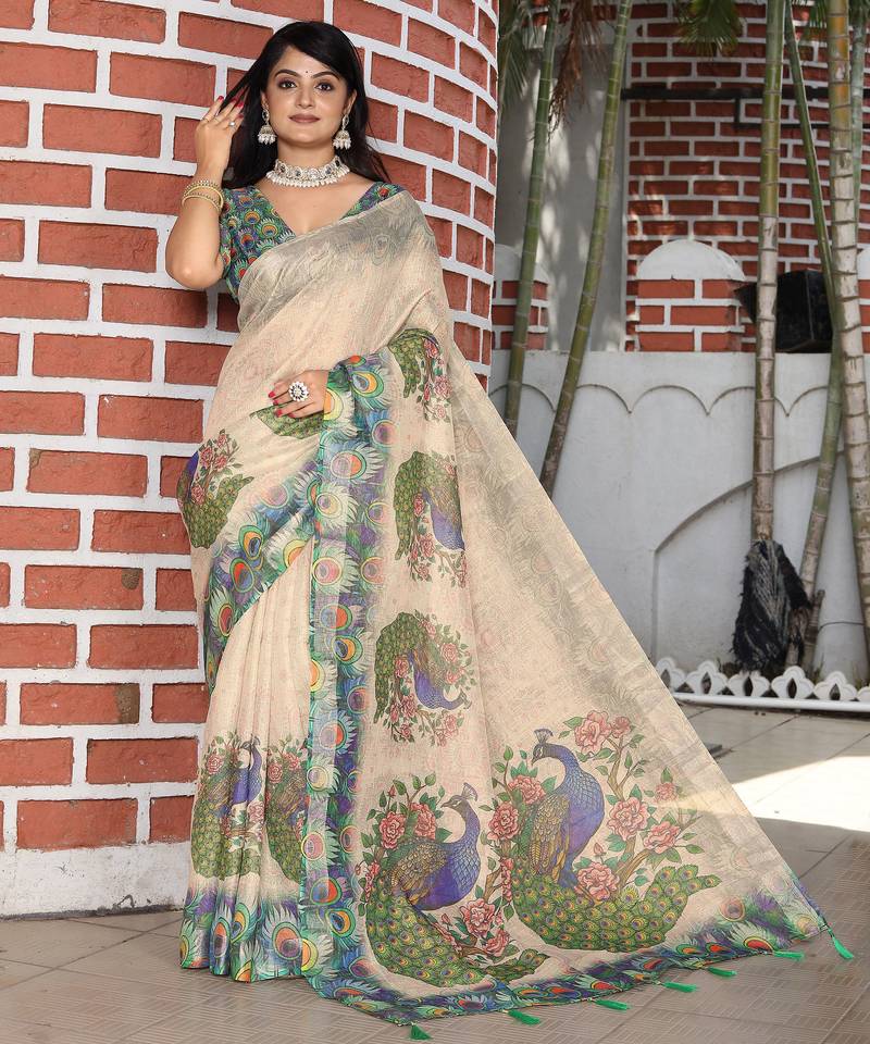 beige green multicolor shimmer handloom cotton blend digital print saree (sfhcs312)