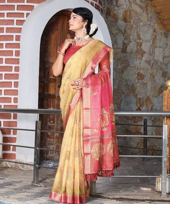 beige multicolor shimmer handloom cotton blend saree with floral print (sfhcs322) 3