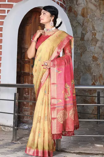 beige multicolor shimmer handloom cotton blend saree with floral print