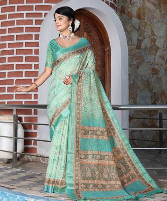 green multicolor shimmer handloom cotton blend saree floral print (sfhcs320) 3