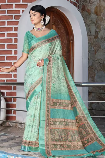 green multicolor shimmer handloom cotton blend saree floral print (sfhcs320)