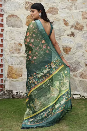 green multicolor shimmer handloom cotton blend saree ethnic border print (sfhcs321)