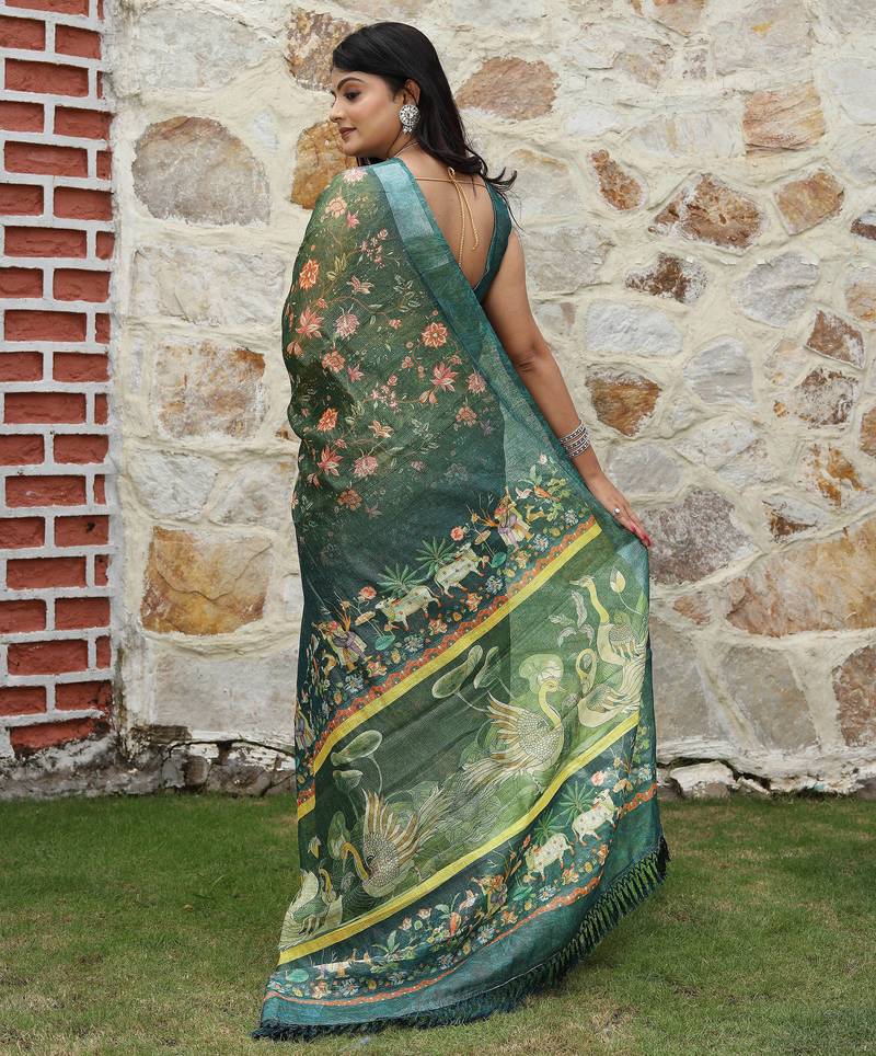 green multicolor shimmer handloom cotton blend saree ethnic border print (sfhcs321)