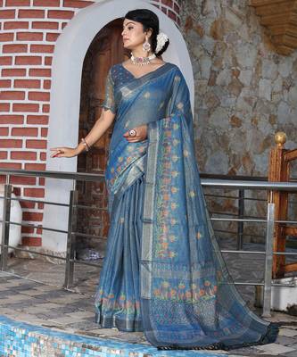 teal shimmer handloom cotton blend saree tonal watercolor print 2