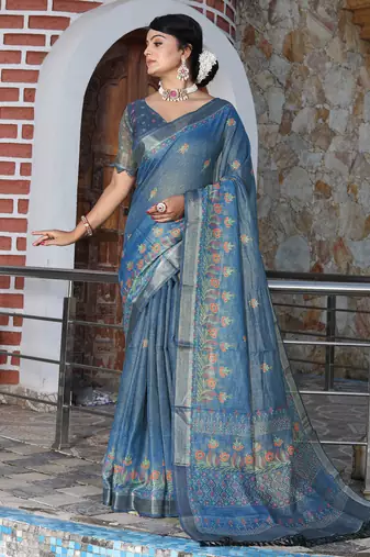 teal shimmer handloom cotton blend saree tonal watercolor print