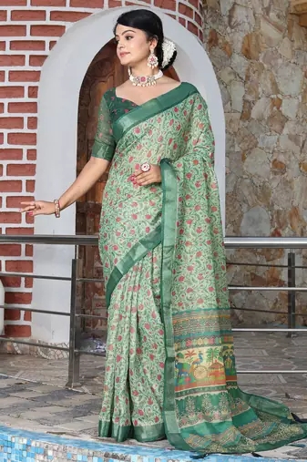 sea green shimmer handloom cotton blend saree tonal print