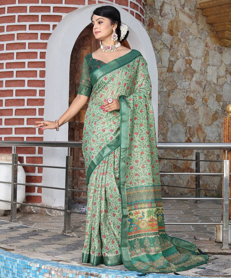 sea green shimmer handloom cotton blend saree tonal print