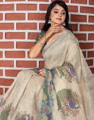 beige green multicolor shimmer handloom cotton blend digital print saree (sfhcs312) 2