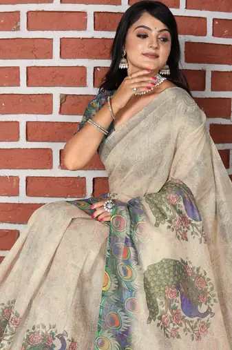 beige green multicolor shimmer handloom cotton blend digital print saree