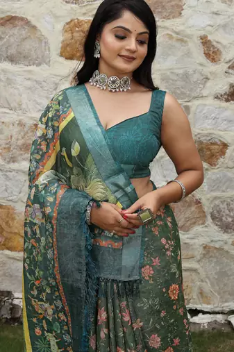 green multicolor shimmer handloom cotton blend saree ethnic border print (sfhcs321)