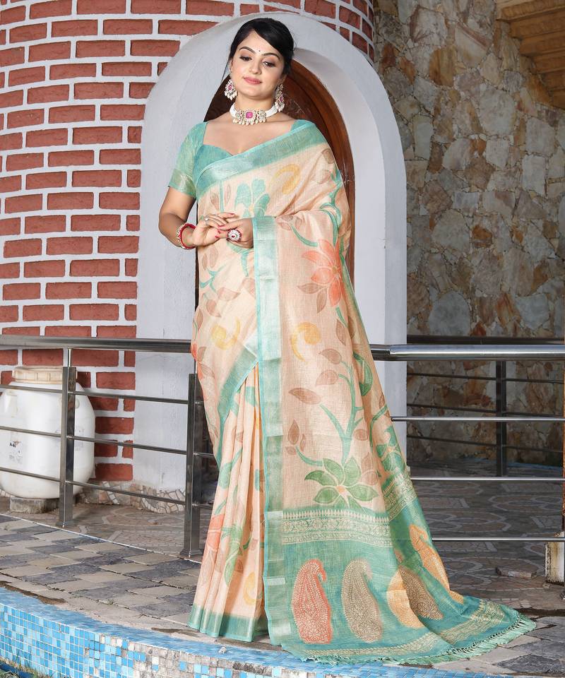 sea green multicolor shimmer handloom cotton blend digital print saree (sfhcs315)