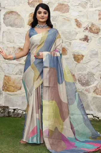 multicolor shimmer handloom cotton blend digital print saree