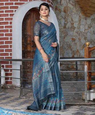 teal shimmer handloom cotton blend saree tonal watercolor print 3