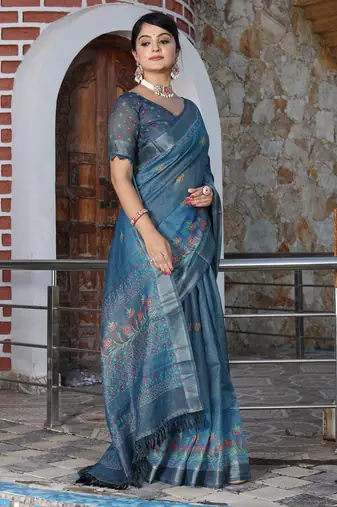 teal shimmer handloom cotton blend saree tonal watercolor print